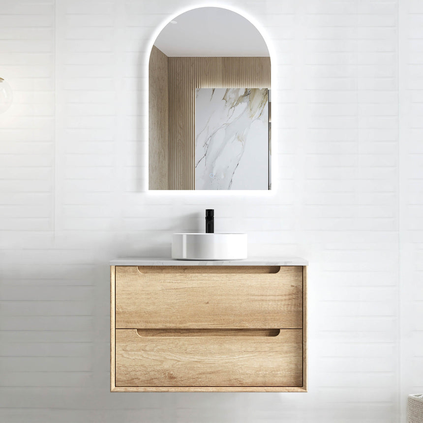 Byron Natural Oak Single Basin Vanity Vanity Otti Australia 750mm Solid Surface Cloudy Carrara-20mm Above Counter
