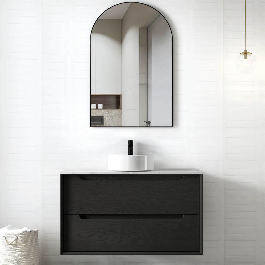 Byron Black Oak Single Basin Vanity Vanity Otti Australia 900mm Solid Surface Cloudy Carrara-20mm Above Counter