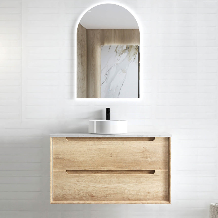 Byron Natural Oak Single Basin Vanity Vanity Otti Australia 900mm Solid Surface Cloudy Carrara-20mm Above Counter