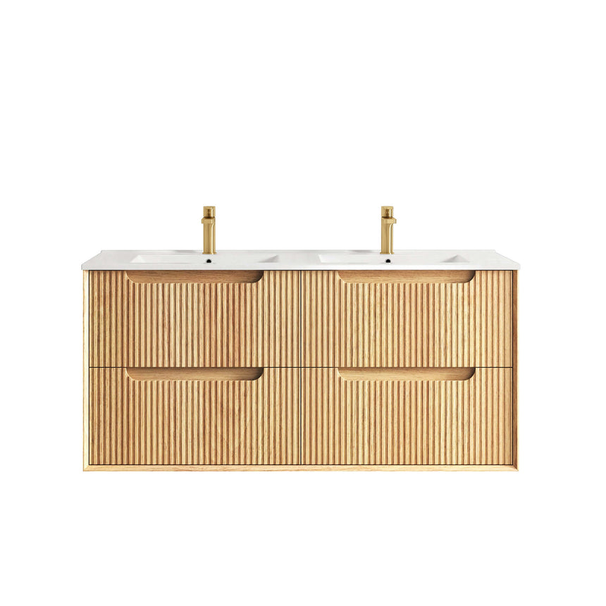 Otti Byron Fluted 1200mm woodland oak wall-hung vanity by Tilemall with double ceramic basins and brass taps