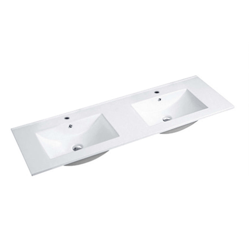 Otti Byron Fluted ceramic top for Byron vanity showing two rectangular undermount basins with overflow holes by Tilemall