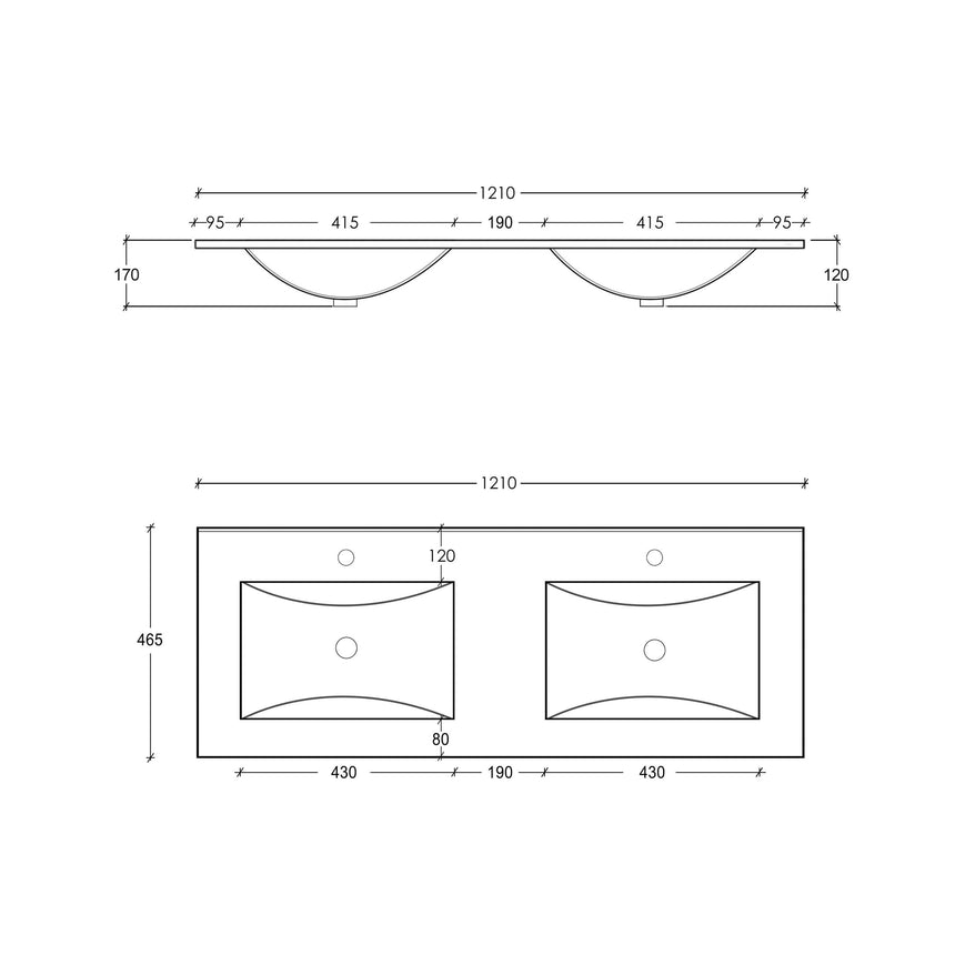 Otti Byron Fluted ceramic basin specifications for Byron vanity showing 1210mm width and dual rectangular basin layout by Tilemall