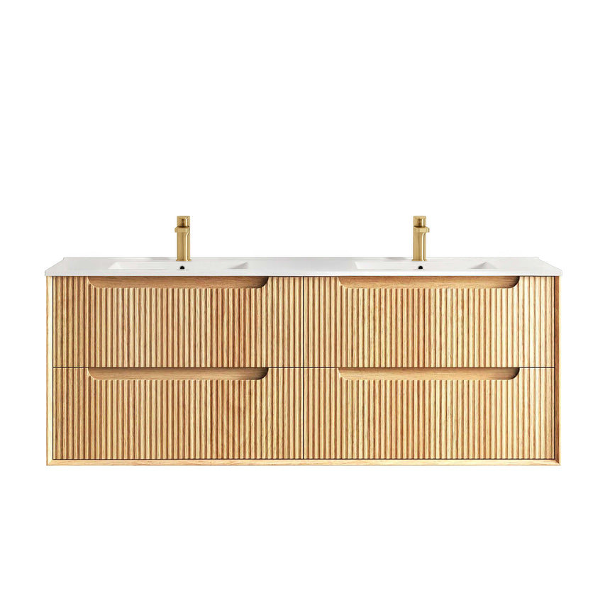 Otti Byron Fluted 1500mm woodland oak wall-hung vanity by Tilemall, full front view with ceramic top and brass tapware