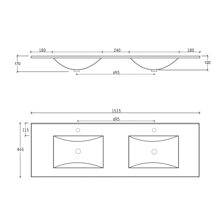 Otti Byron Fluted ceramic basin specifications for Byron vanity showing 1515mm width and dual rectangular basin positioning by Tilemall