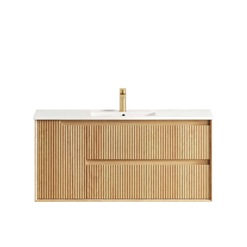 Otti Byron Fluted woodland oak 1200mm wall-hung vanity with ceramic top and brass handles by Tilemall