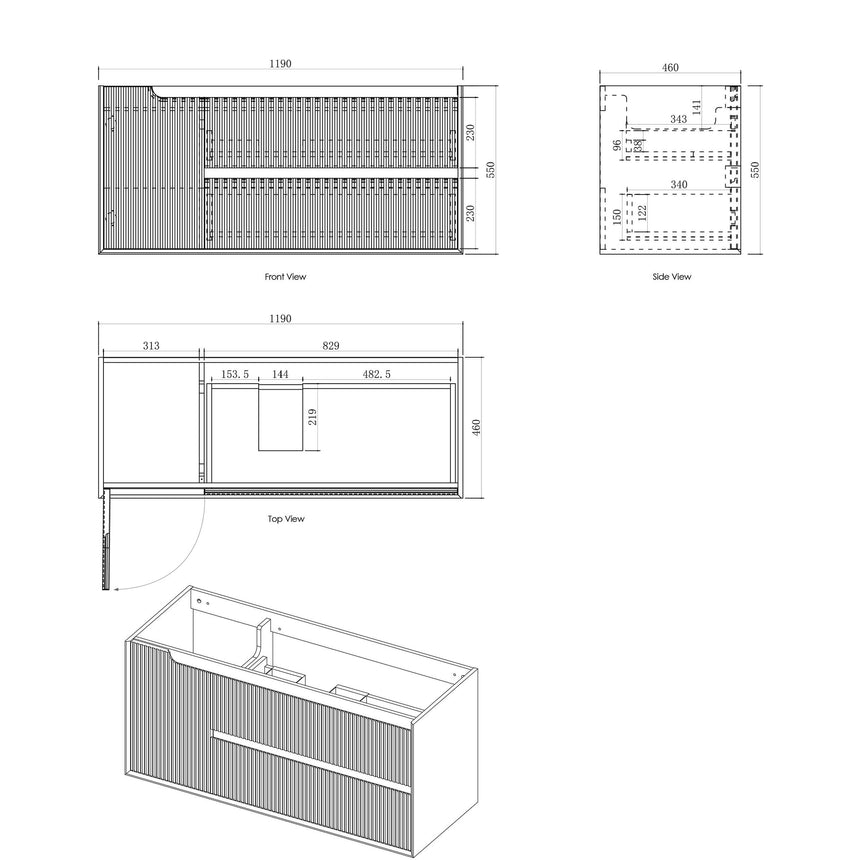 Technical dimensions diagram for Otti Byron Fluted 1190mm wall-hung vanity by Tilemall