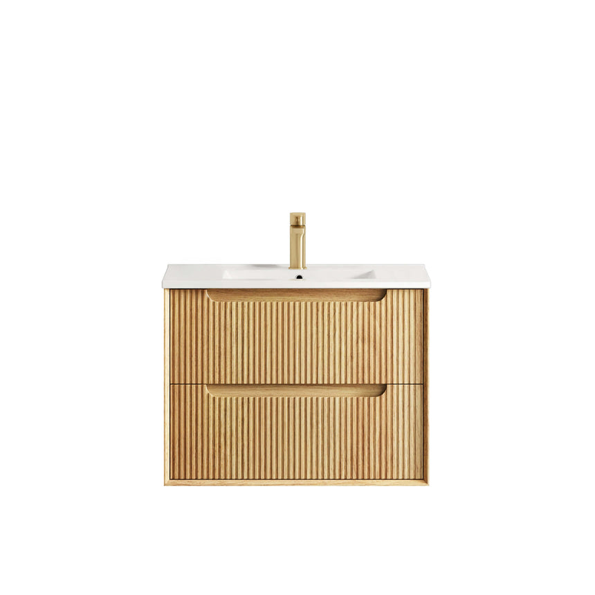 Otti Byron Fluted woodland oak 750mm wall-hung vanity with ceramic top and brass handles by Tilemall