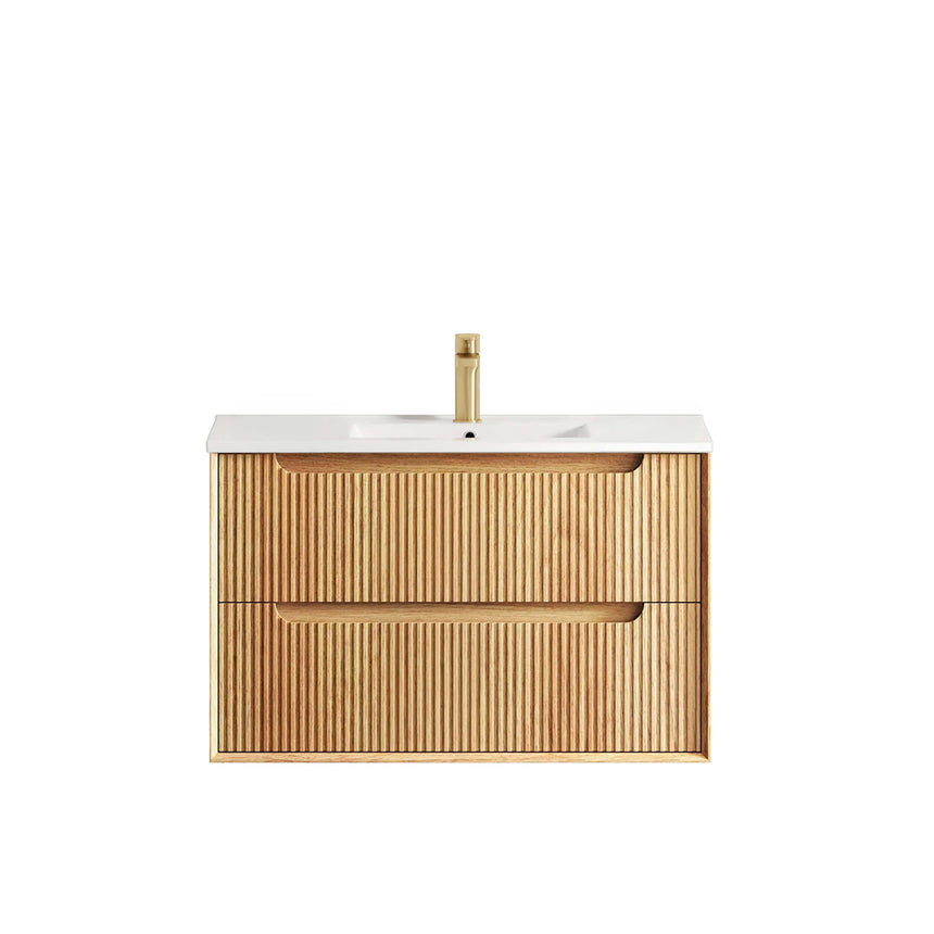 Otti Byron Fluted woodland oak 900mm wall-hung vanity with ceramic top and brass handles by Tilemall