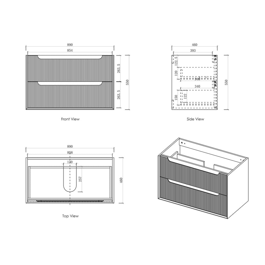 Technical dimensions diagram for Otti Byron Fluted 890mm wall-hung vanity by Tilemall