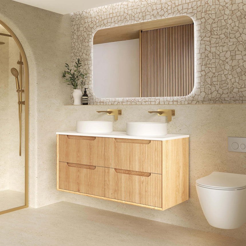 Otti Byron Fluted woodland oak wall-hung vanity installed in modern bathroom interior with round LED mirror by Tilemall