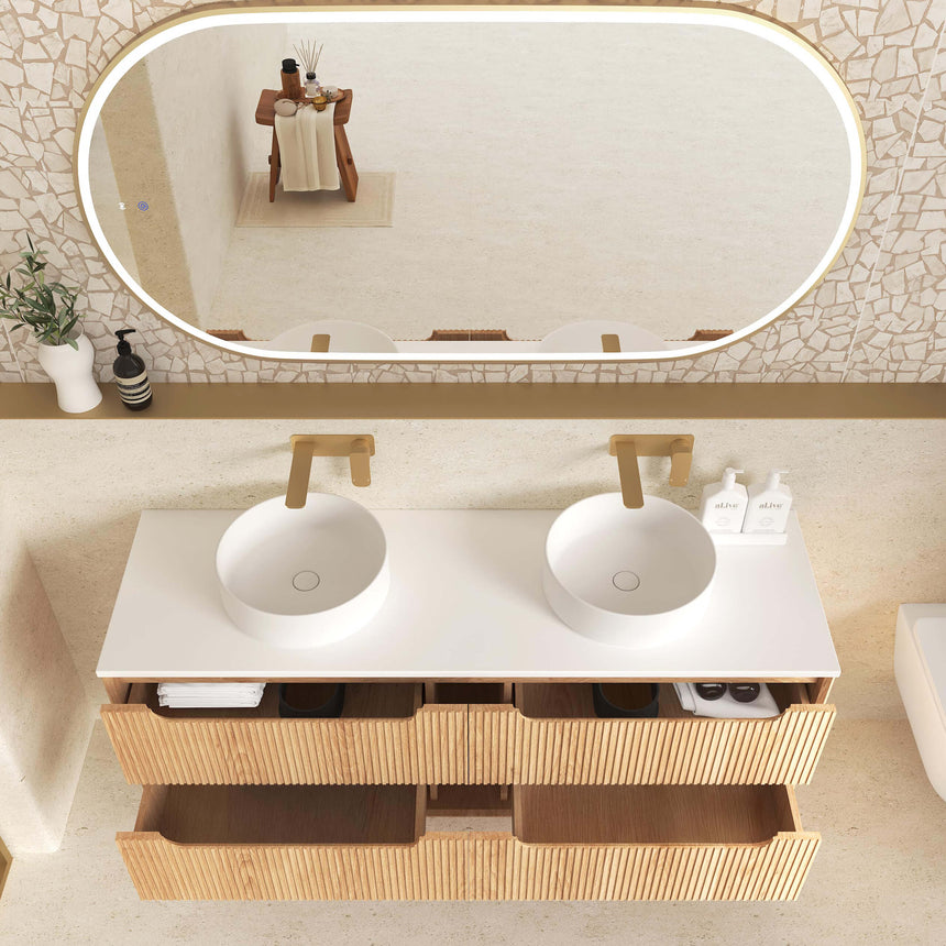 Otti Byron Fluted vanity overhead view showing two round white vessel basins and fluted drawer fronts by Tilemall