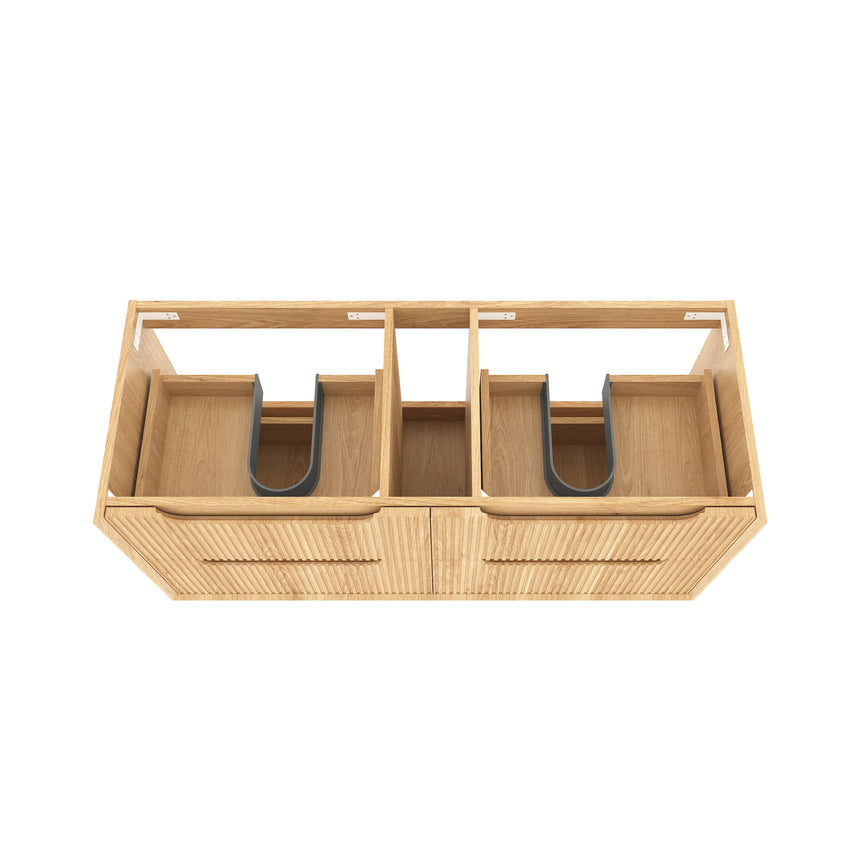 Otti Byron Fluted 1190mm wall-hung vanity top view showing dual drawer compartments and basin placement by Tilemall