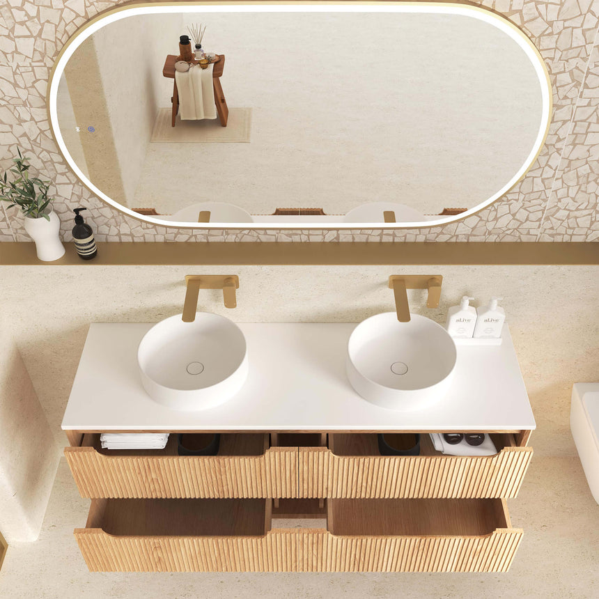 Otti Byron Fluted woodland oak vanity installed in bathroom with marble tile and framed mirror by Tilemall