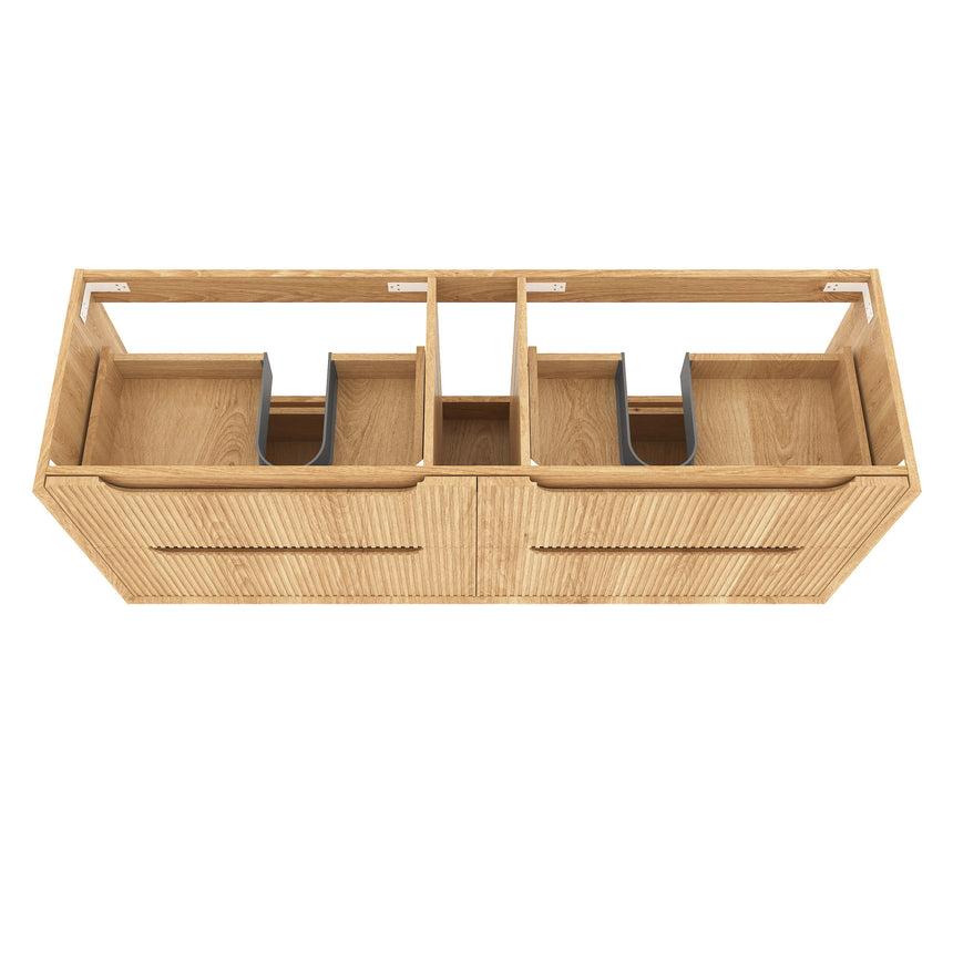Otti Byron Fluted vanity with open lower drawer revealing internal organisation with storage dividers by Tilemall