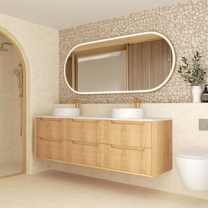 Otti Byron Fluted woodland oak vanity in modern ensuite with LED framed mirror and vessel basins by Tilemall