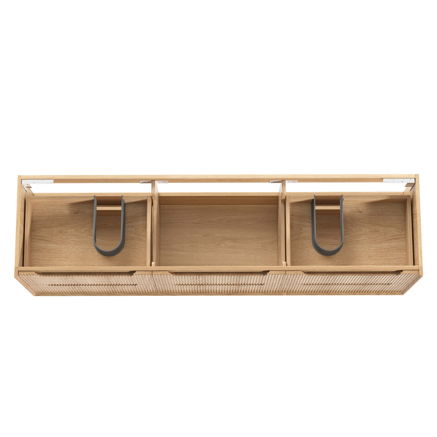 Otti Byron Fluted vanity drawer detail showing soft-close mechanism and ribbed oak pull handles by Tilemall