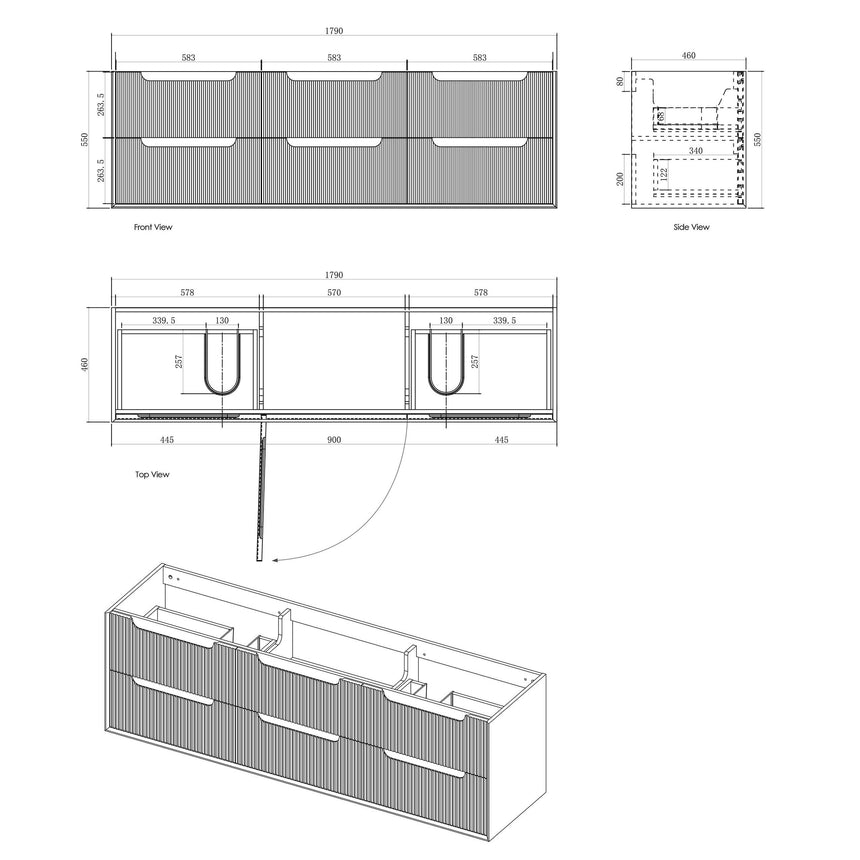 Otti Byron Fluted 1790mm wall-hung triple basin vanity technical dimensions and storage diagram by Tilemall