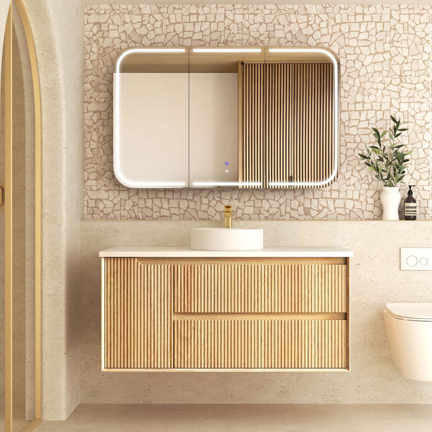 Byron Fluted 740mm woodland oak vanity installed under LED mirror with white vessel basin by Tilemall