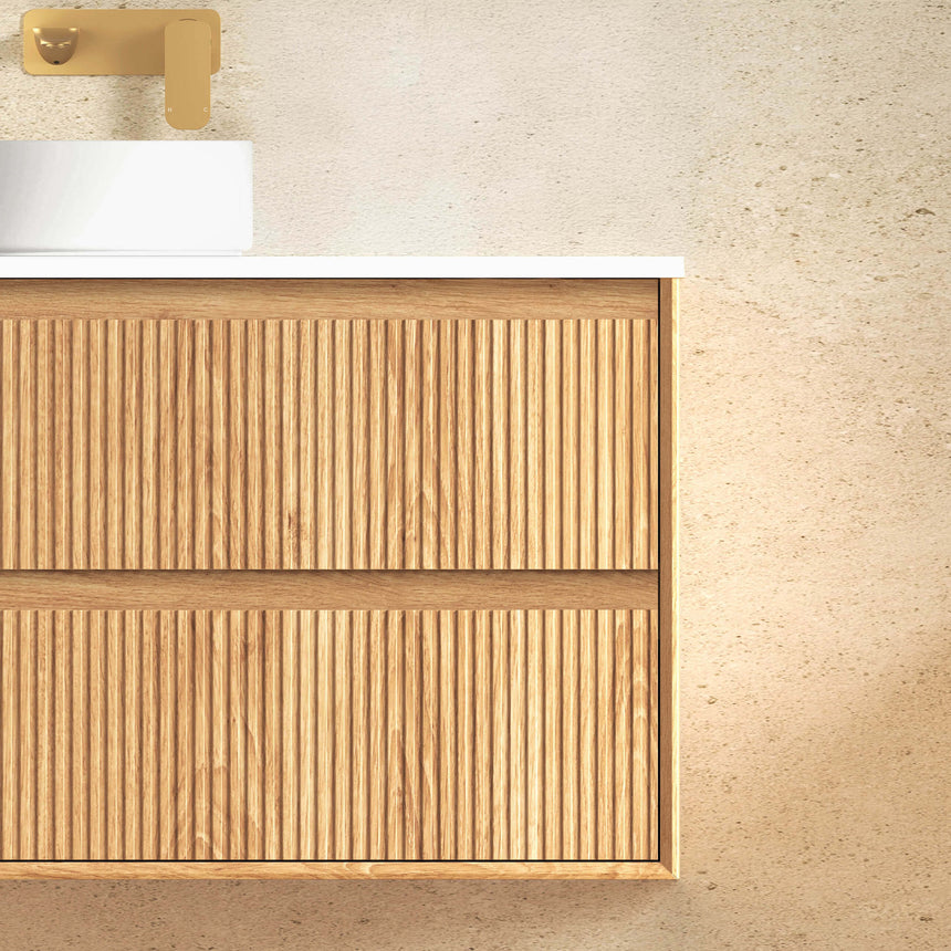Byron Fluted 740mm vanity with vessel basin and brass tapware in modern ensuite by Tilemall