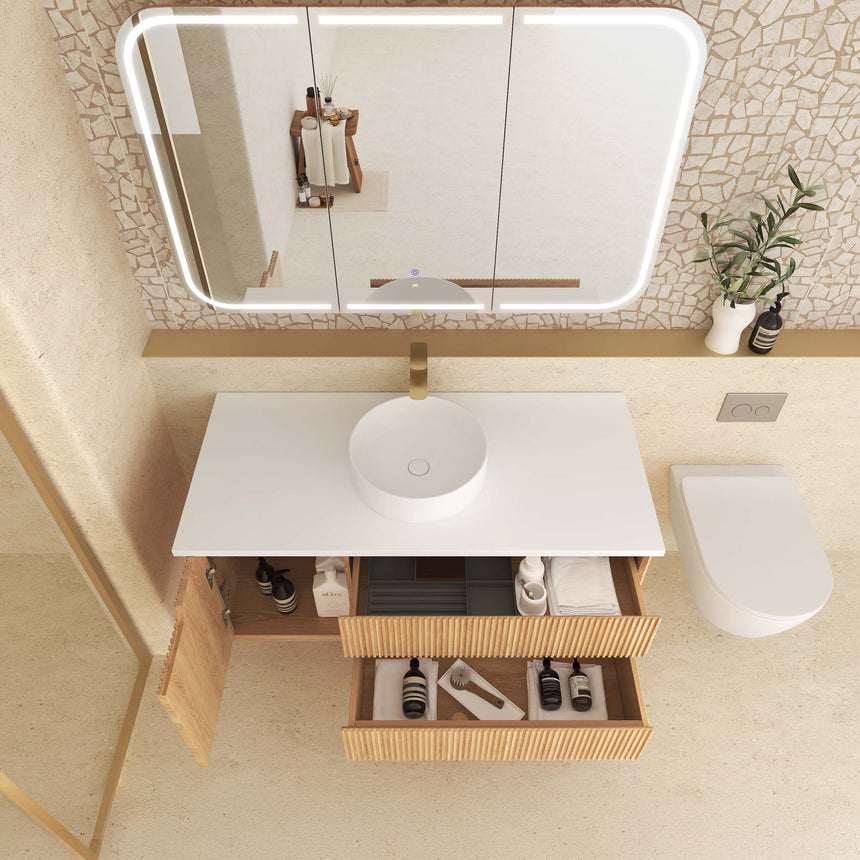 Top view Byron Fluted 740mm wall-hung vanity showing double-drawer configuration by Tilemall
