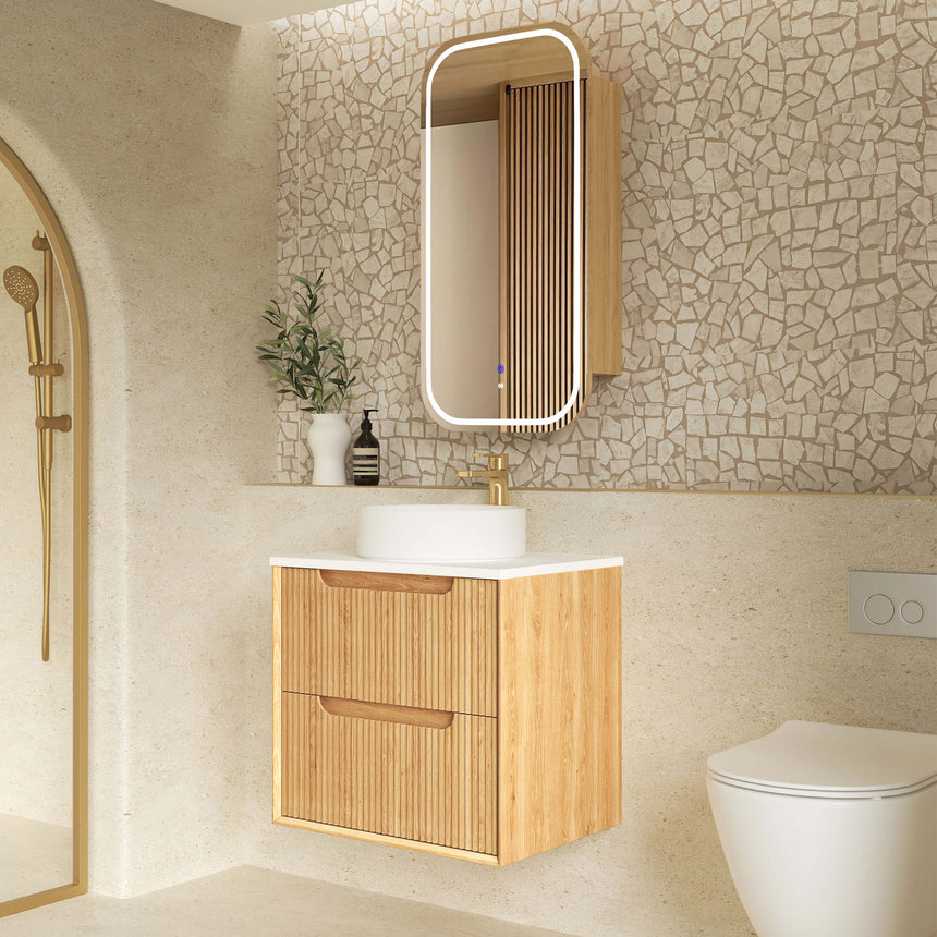 Otti Byron Fluted woodland oak wall-hung vanity by Tilemall installed in bathroom interior with white vessel basin
