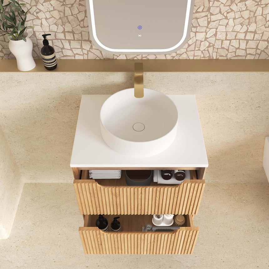 Otti Overhead view of Byron vanity showing white ceramic vessel basin and fluted drawer fronts in woodland oak by Tilemall