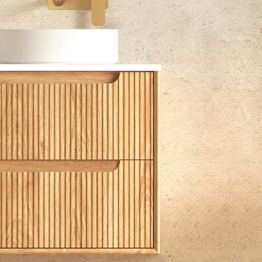 Otti Close-up of Byron vanity fluted drawer fronts in woodland oak with integrated handles by Tilemall