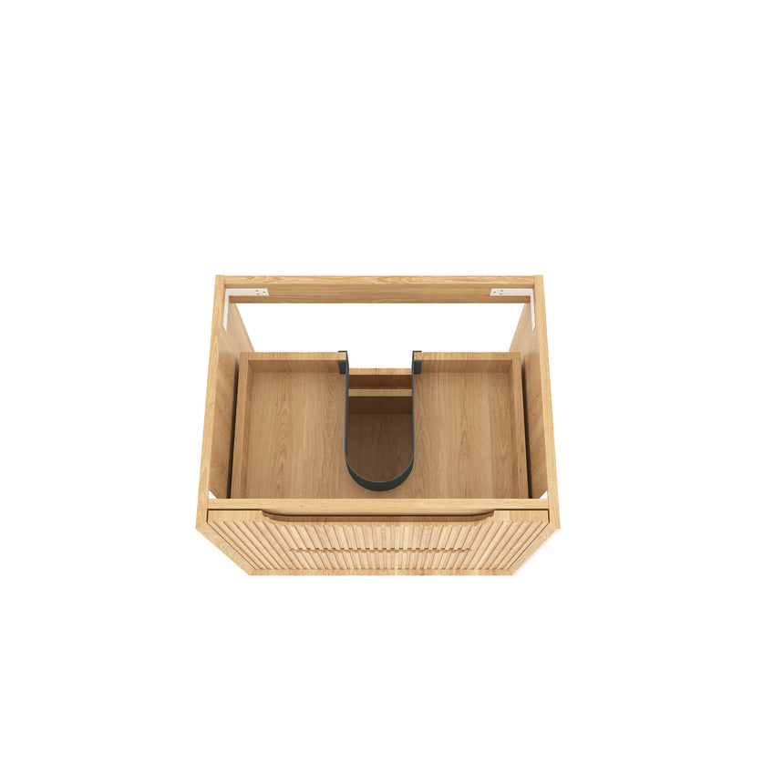 Overhead view of Otti Byron Fluted vanity base structure with central pipe support in natural wood by Tilemall