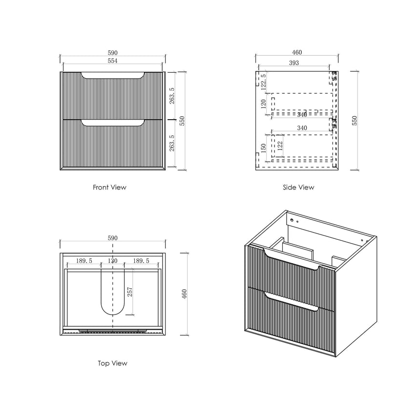 Otti Byron Fluted technical dimensions diagram for Byron 590mm wall-hung vanity, front and side views by Tilemall