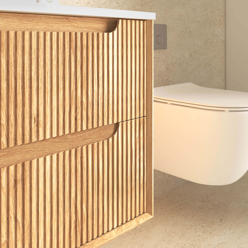 Otti Byron Fluted vanity both drawers open in bathroom interior, displaying storage capacity by Tilemall