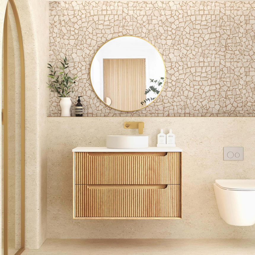 Otti Byron Fluted 900mm vanity with round brass frame mirror, vessel basin and gold accessories by Tilemall