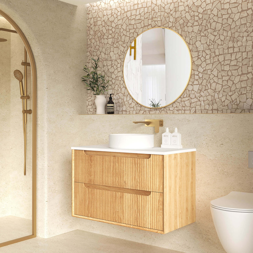Side profile of Otti Byron Fluted vanity showing drawer fronts and integrated handles in woodland oak by Tilemall
