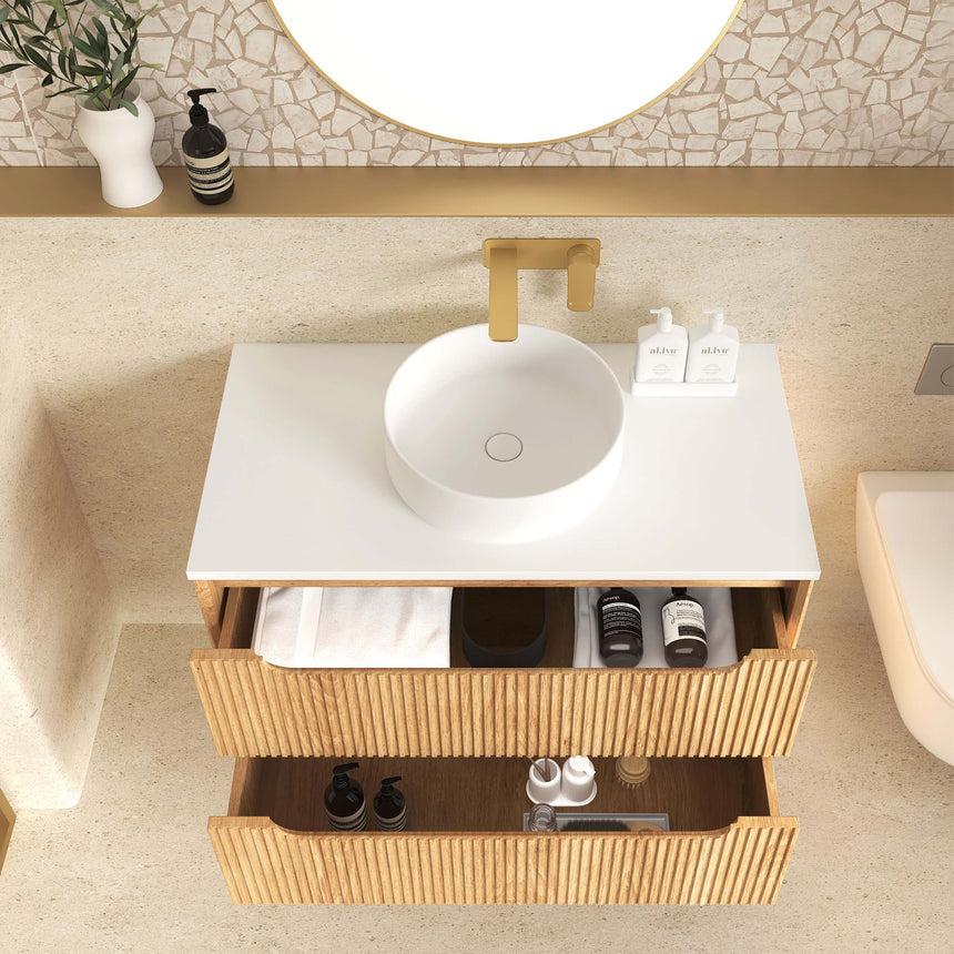 Otti Byron Fluted woodland oak vanity 740mm with double drawers, full bathroom view with accessories by Tilemall