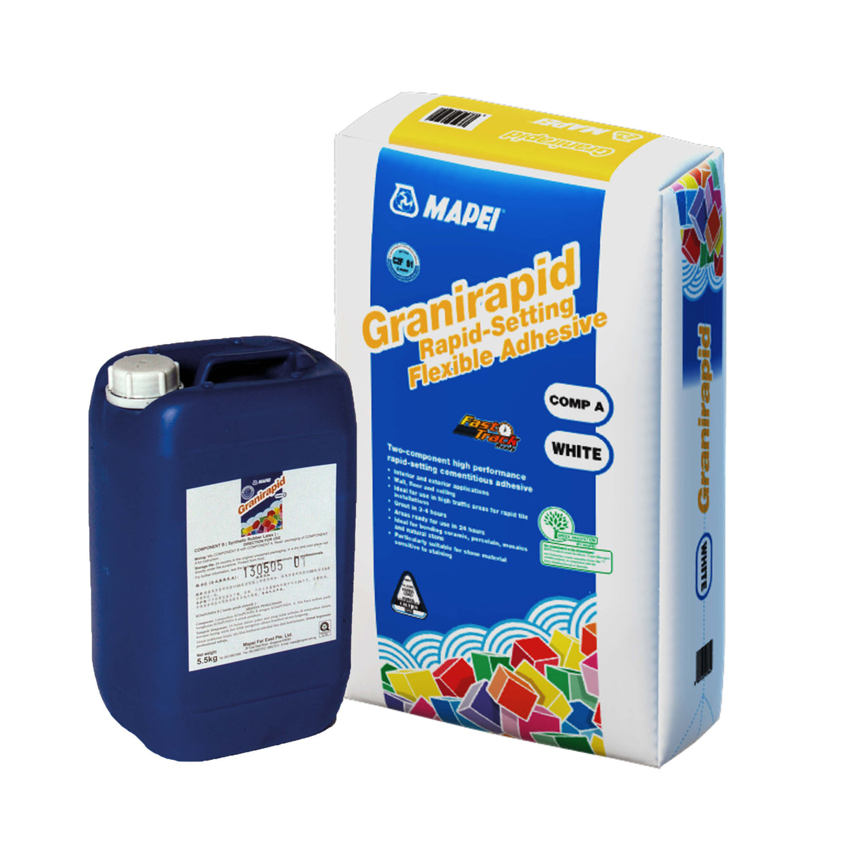 Mapei Granirapid 5.5kg Part B liquid adhesive component by Tilemall, dark blue canister with white label