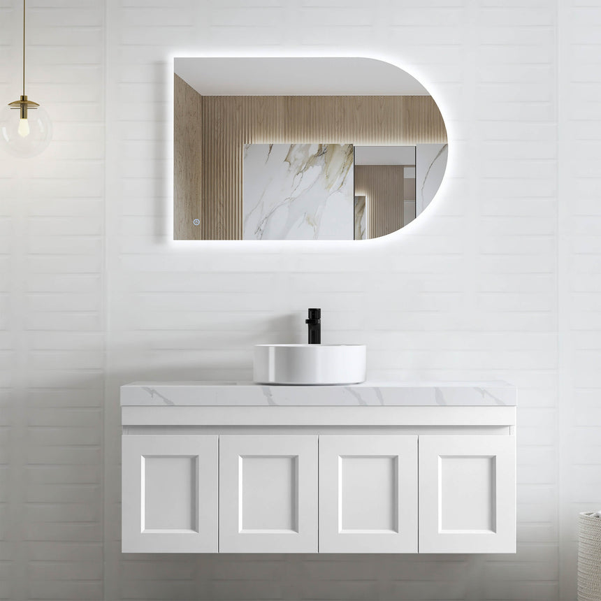Hampton MKII Matte White Single Basin Vanity Vanity Otti Australia 1200mm Solid Surface Cloudy Carrara-20mm Above Counter