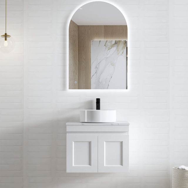 Hampton MKII Matte White Single Basin Vanity Vanity Otti Australia 600mm Solid Surface Cloudy Carrara-20mm Above Counter