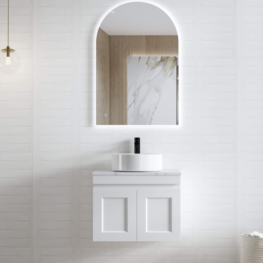 Hampton MKII Matte White Single Basin Vanity Vanity Otti Australia 600mm Solid Surface Cloudy Carrara-20mm Above Counter