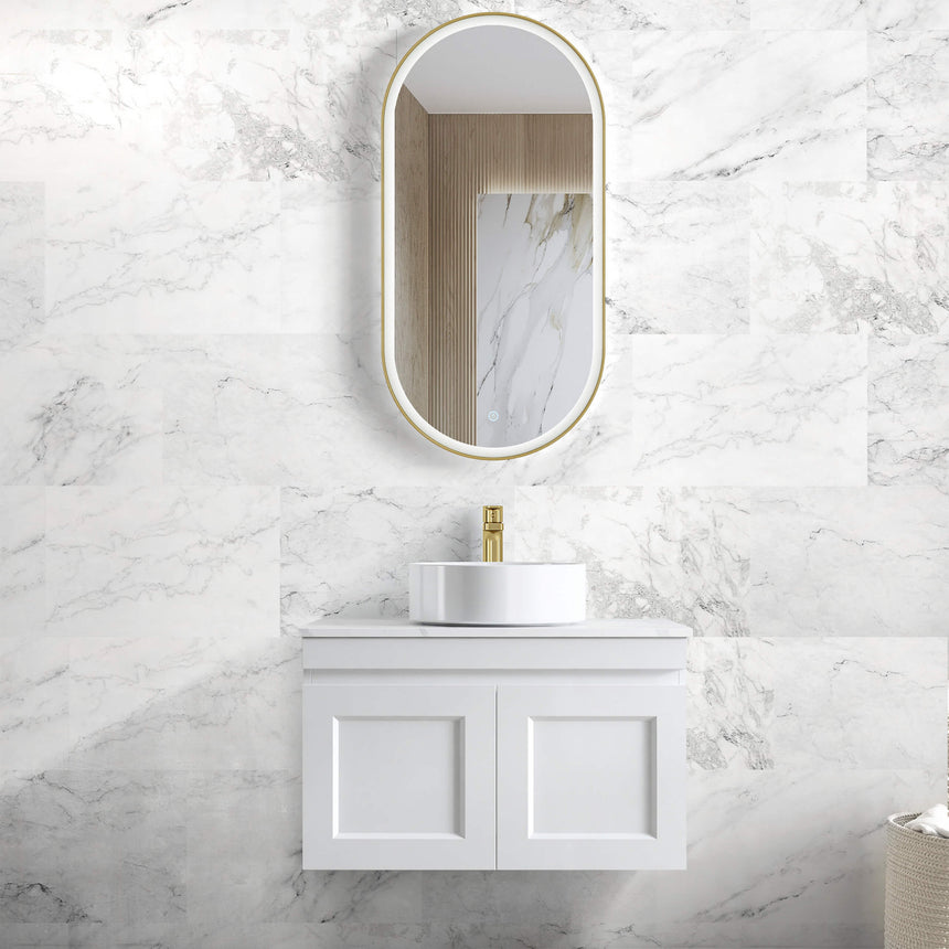 Hampton MKII Matte White Single Basin Vanity Vanity Otti Australia 750mm Solid Surface Cloudy Carrara-20mm Above Counter
