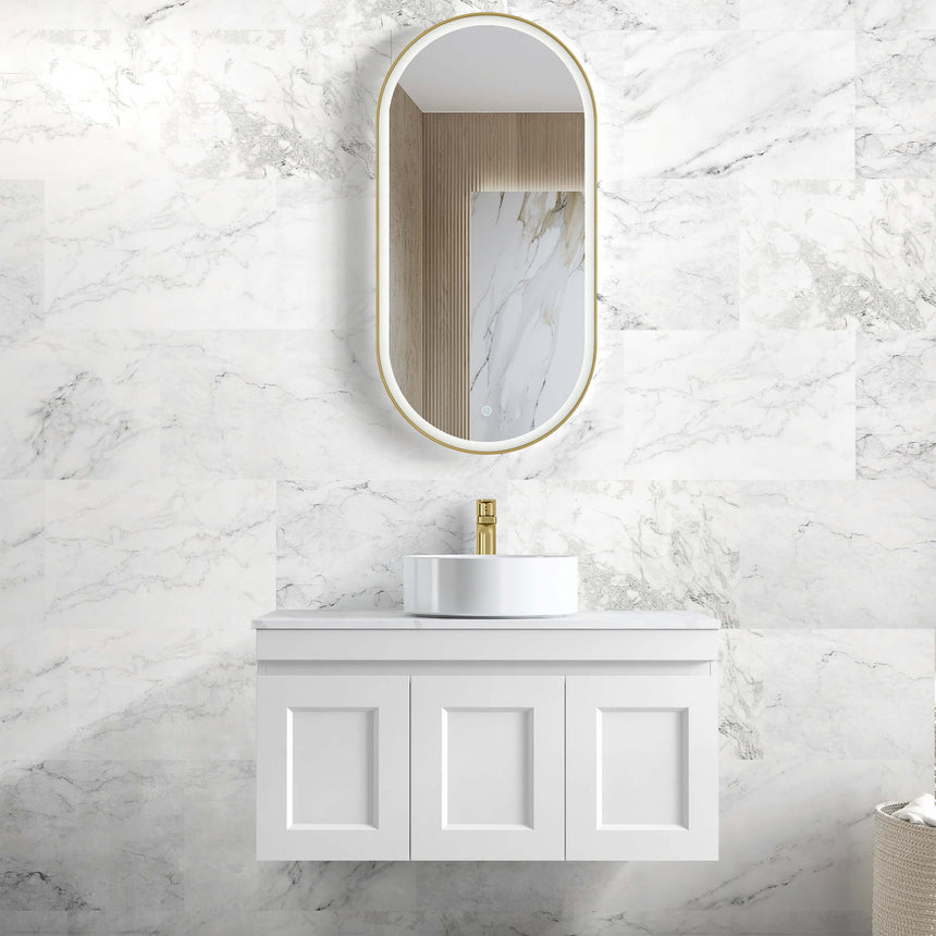 Hampton MKII Matte White Single Basin Vanity Vanity Otti Australia 900mm Solid Surface Cloudy Carrara-20mm Above Counter