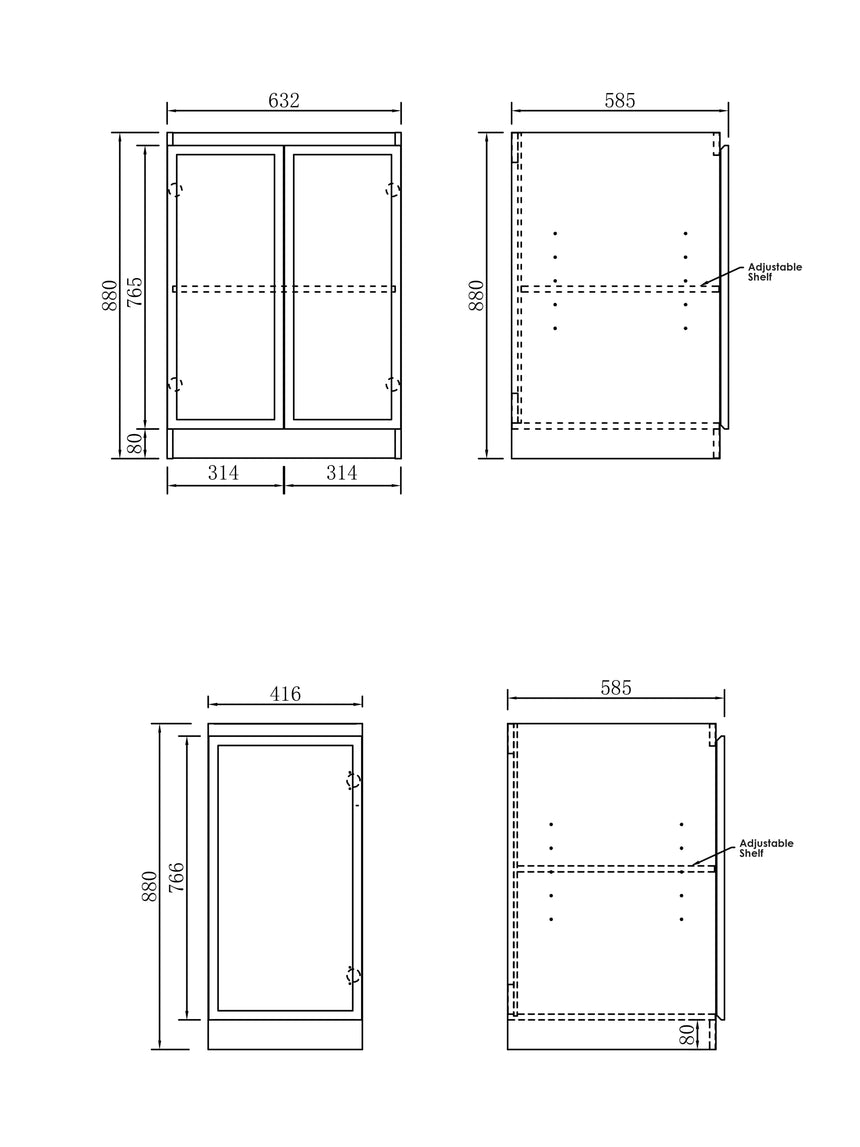 Dimension drawing of Otti Hampshire 630mm and 415mm laundry base cabinets