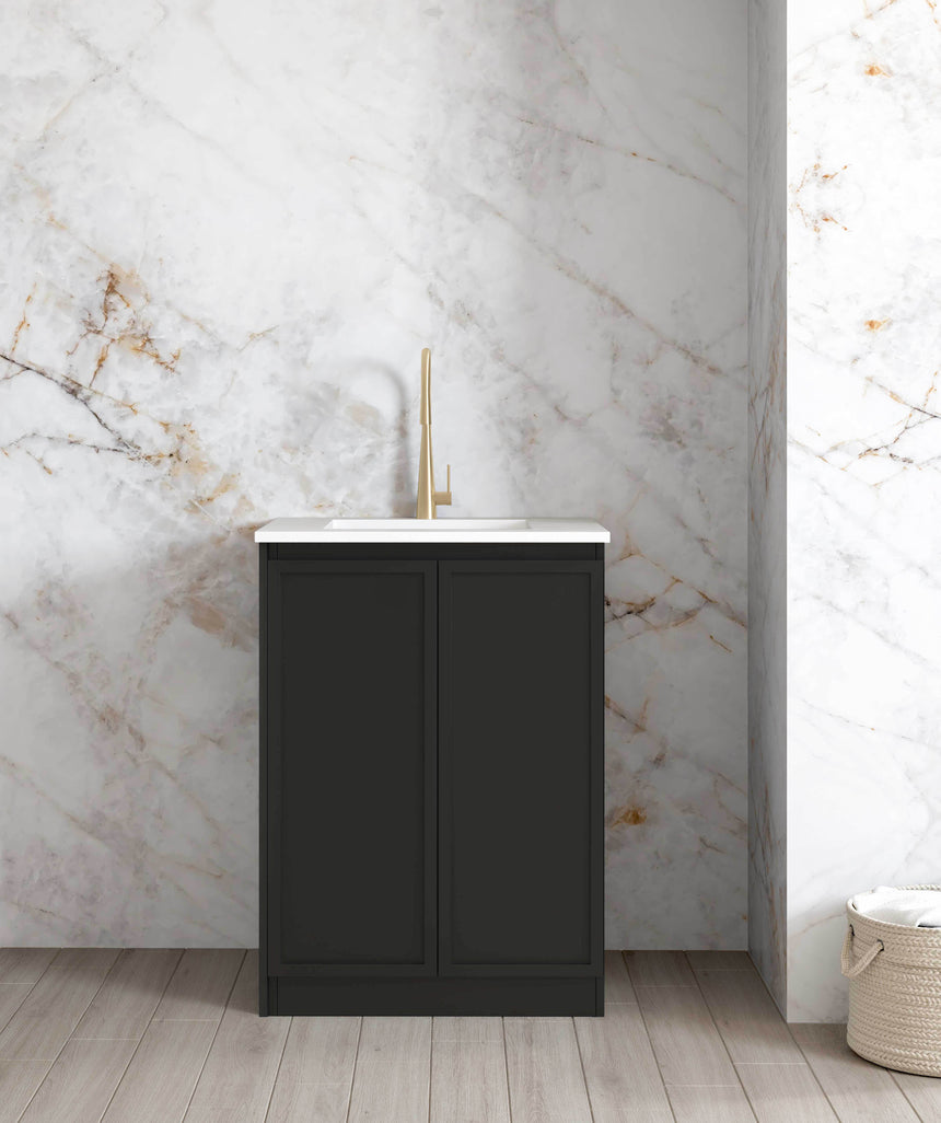 Otti Hampshire 650mm matte black laundry base cabinet with Pure White stone top and undermount sink