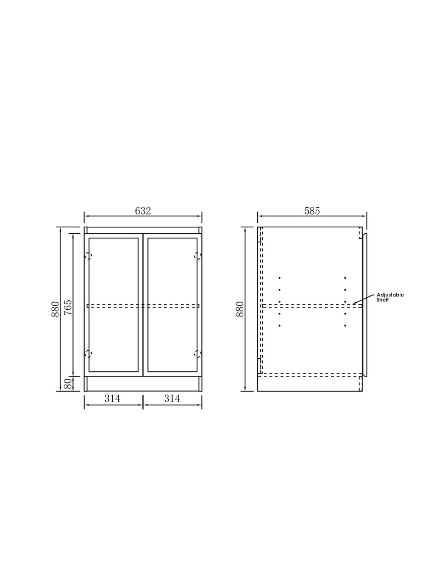 Dimension drawing of Otti Hampshire 630mm laundry base cabinet