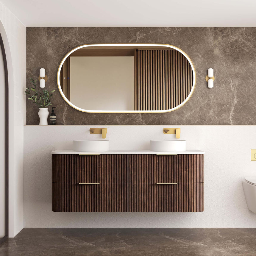 Otti Havana Fluted 1500mm wall-hung double basin vanity by Tilemall in sable walnut with stone top