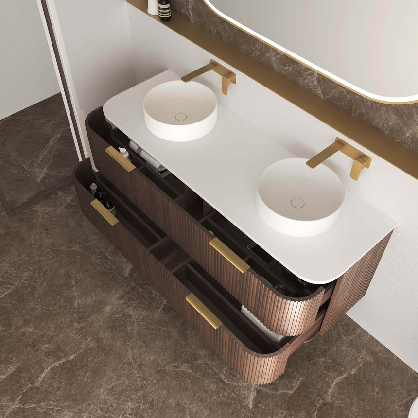 Angled view of Otti Havana Fluted vanity showing two white vessel basins and brass tapware by Tilemall