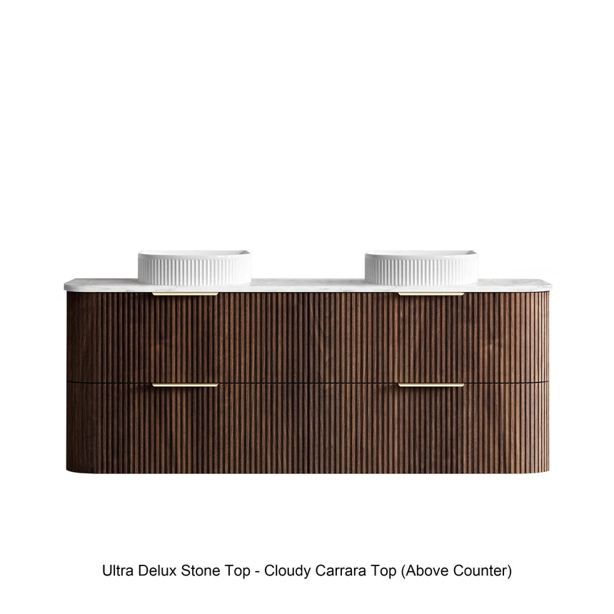 Otti Havana Fluted vanity with Cloudy Carrara Ultra Delux stone top and above-counter basins by Tilemall