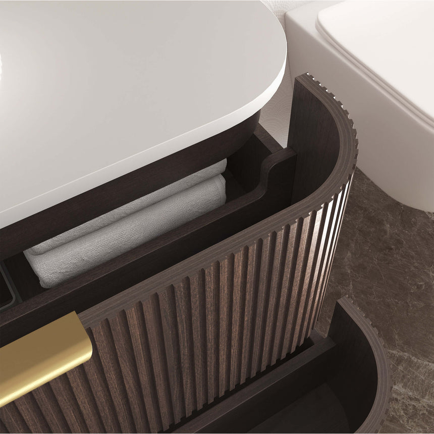 Front view of Otti Havana Fluted vanity with Cloudy Carrara stone top and vessel basins by Tilemall