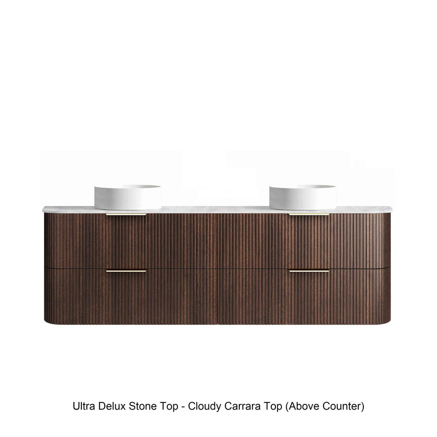 Front view of Otti Havana Fluted vanity with Pure White stone top and vessel basins by Tilemall