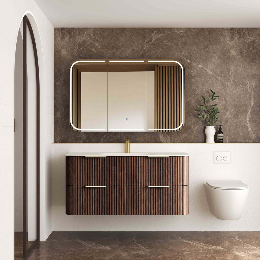 Otti 1200mm Havana sable walnut fluted vanity installed with round LED mirror by Tilemall