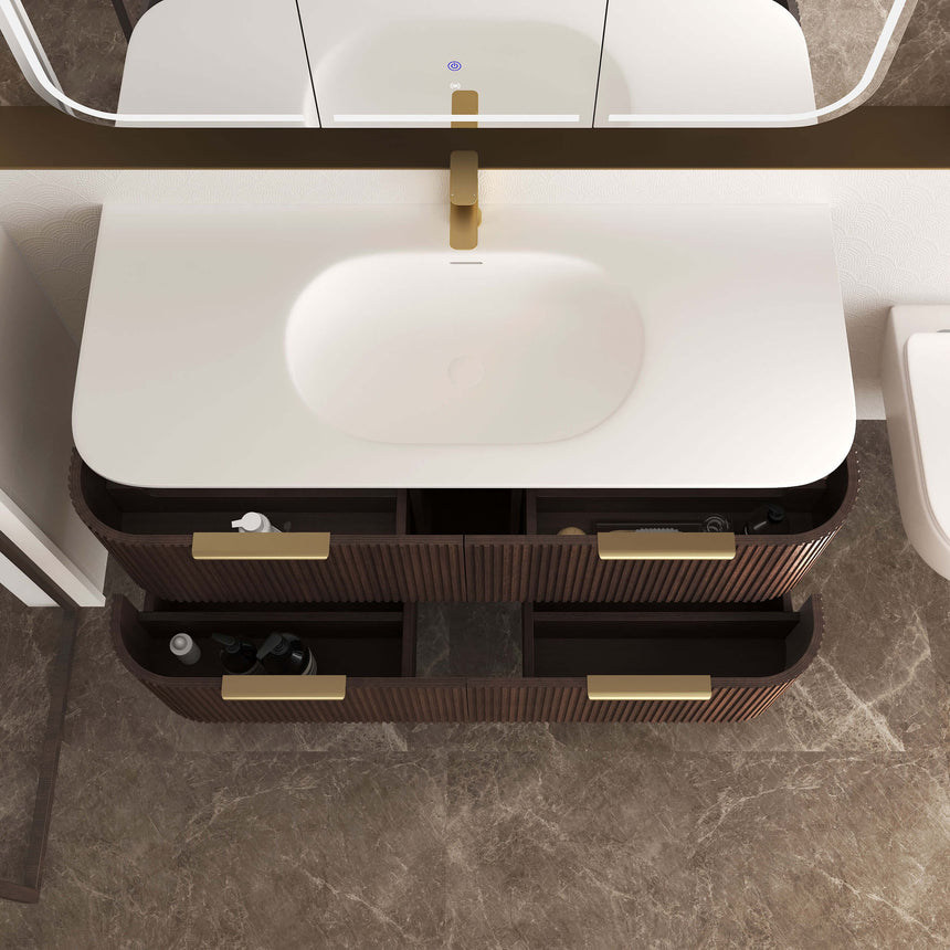 Otti Havana Fluted havana vanity with drawers extended showing internal storage compartments by Tilemall