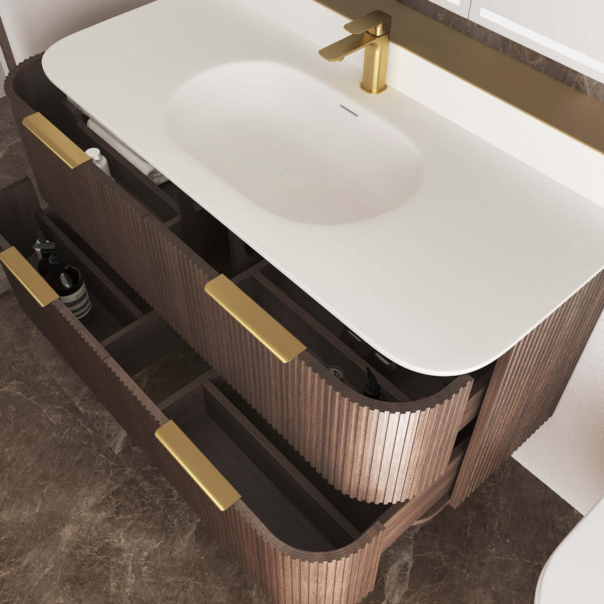 Otti Havana vanity with triple-door cabinet and fluted walnut finish by Tilemall